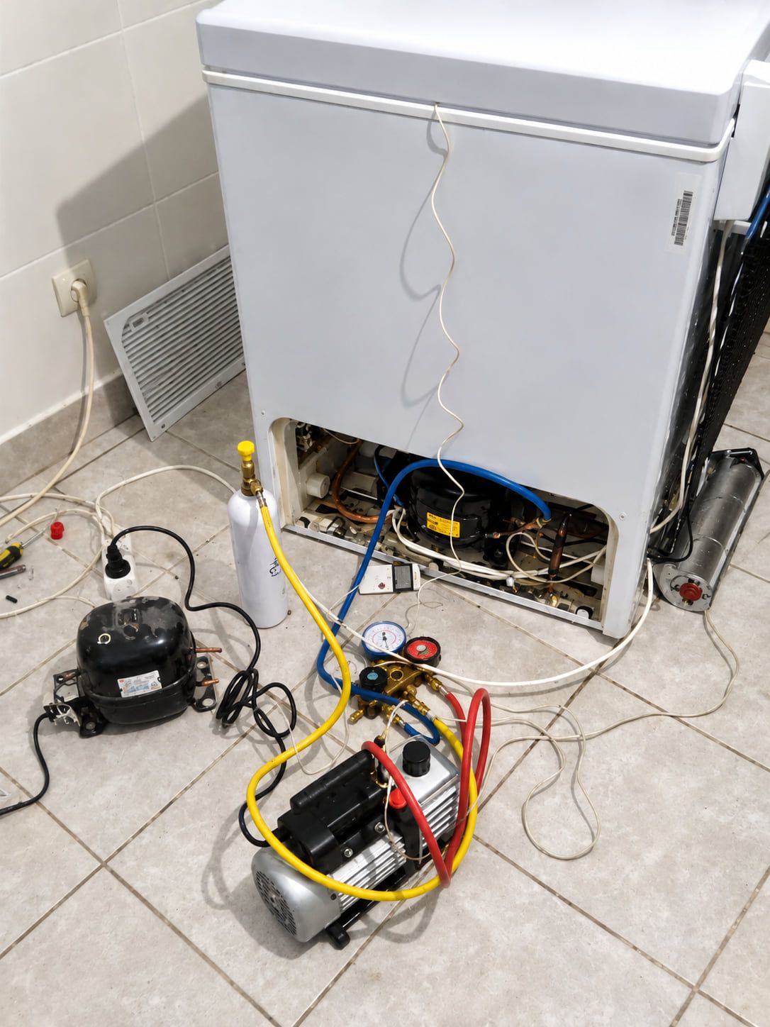 Ladă frigorifică albă cu panoul lateral demontat și echipamentul de service conectat